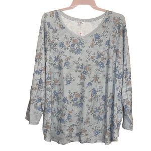 •SONOMA•GRAY WAFFLE KNIT V NECK PINK/BLUE FLORAL BLOUSE SIZE 3X EUC